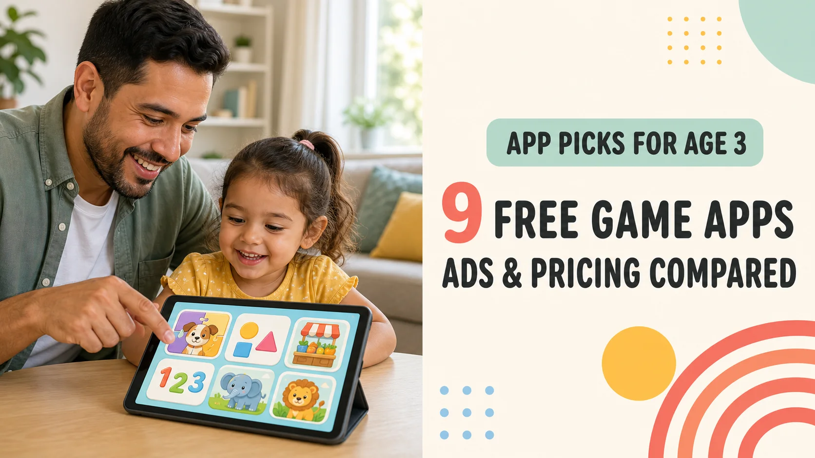 A father and 3-year-old choosing free preschool game apps on a tablet