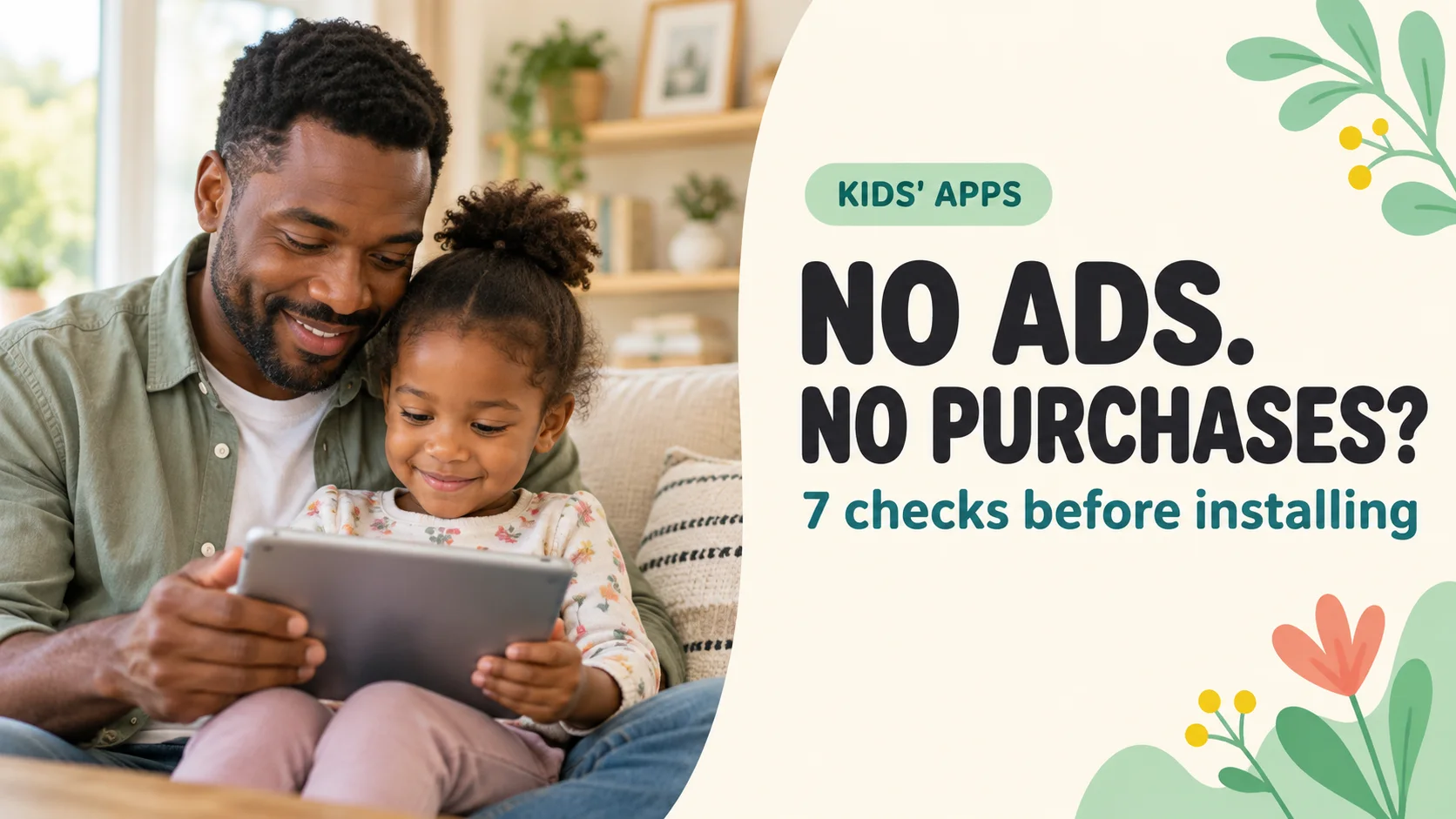 A father and preschooler looking at a tablet together. No ads or purchases? Seven checks before installing.