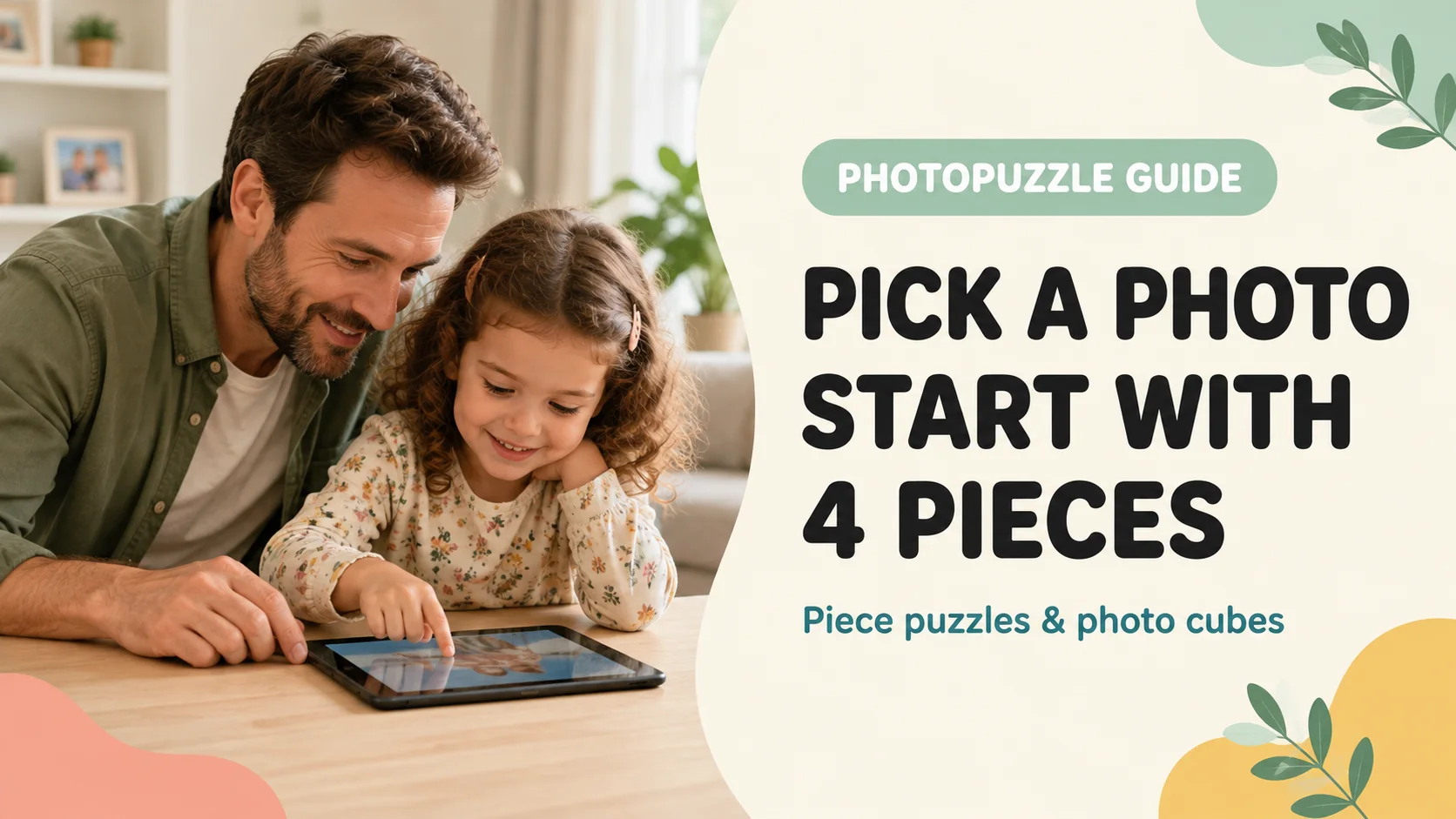 A father and child starting a photo puzzle together on a tablet. Pick a photo, start with four pieces.