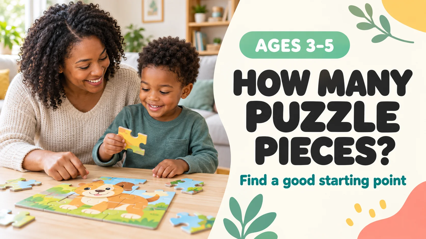 A mother and preschooler enjoying an animal jigsaw together. Ages 3–5: how many puzzle pieces? Find a good starting point.