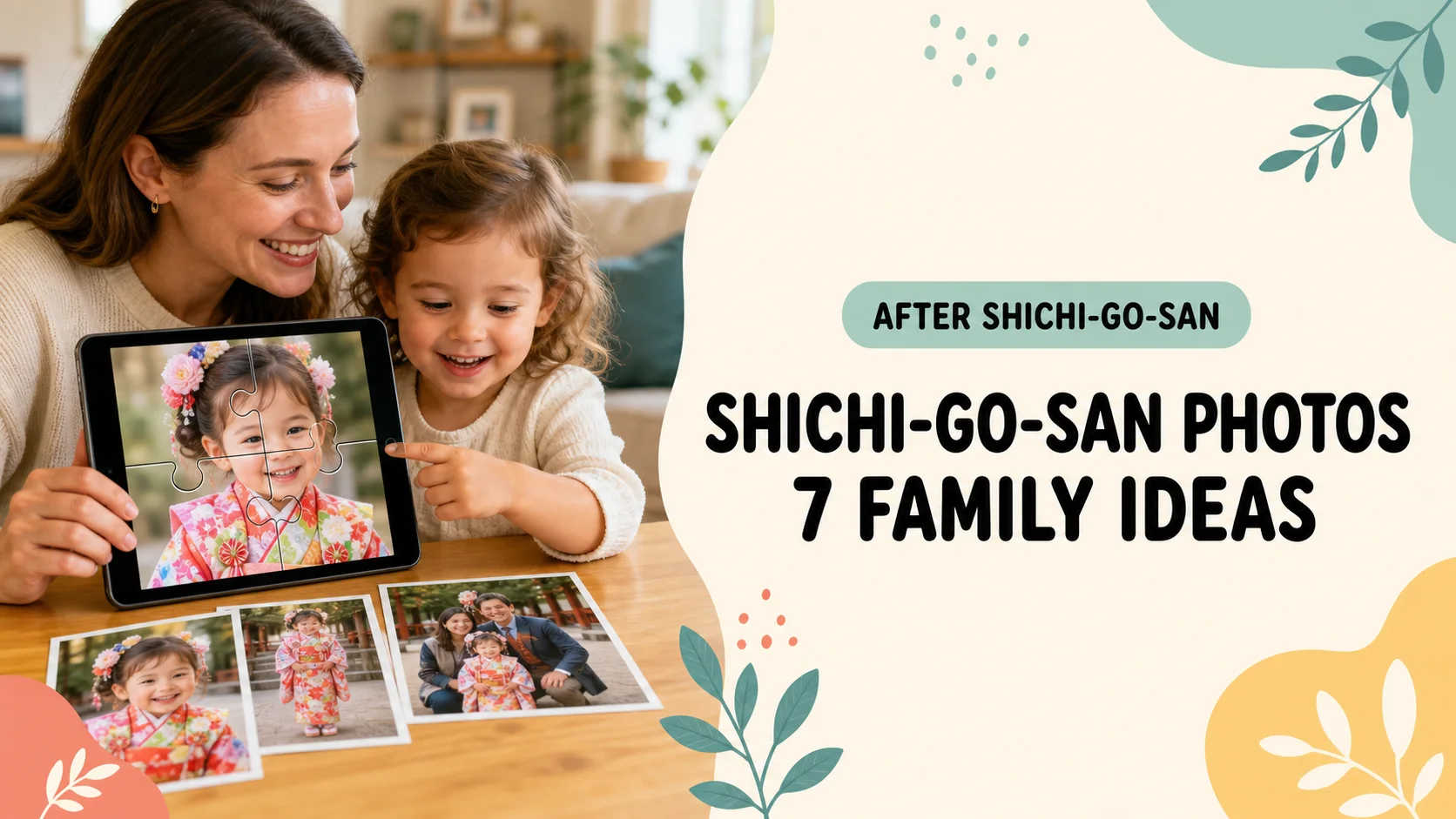 A parent and child turning a Shichi-Go-San portrait into a four-piece photo puzzle